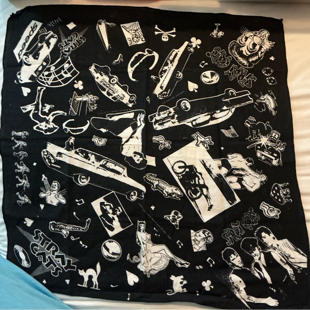 Vintage Stray Cats Rock Band Rockabilly Black Cloth Bandana 1982 Fan Club 20"